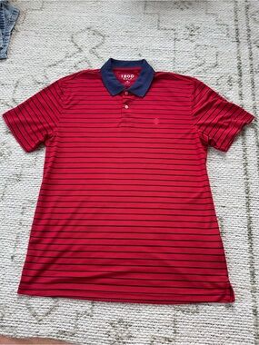 IZOD Golf Polo Shirt Red Navy Blue Striped Mens Size Medium M